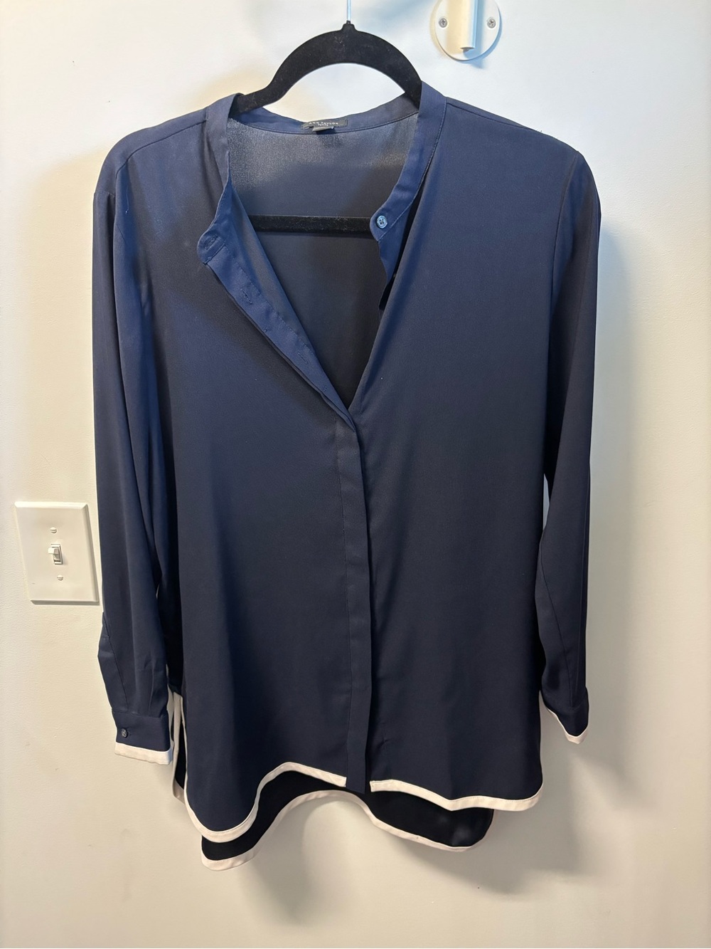 Ann Taylor Navy Button-Down Blouse with White Trim